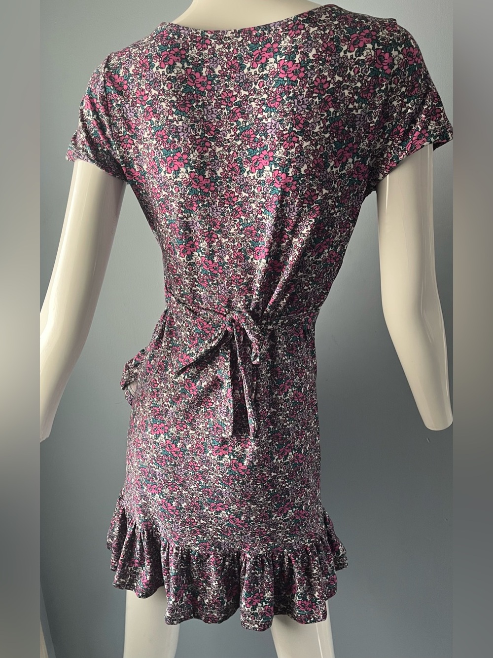 Rebel Sugar Pink & Purple Floral Faux Wrap Stretch Mini Dress Ruffle Hem Size S - Picture 3 of 8